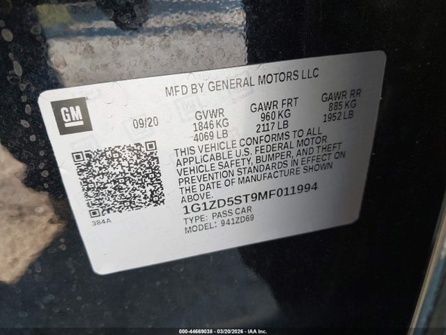 1G1ZD5ST9MF011994 Chevrolet Malibu Fwd Lt