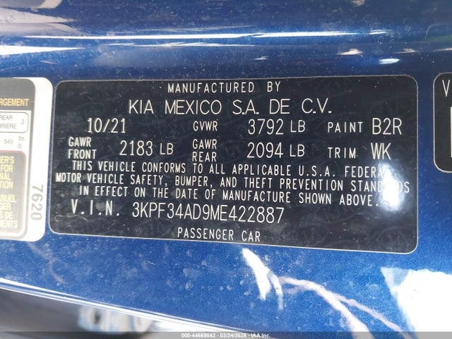 Продажа на аукционе авто 2021 Kia Forte Gt-line, vin: 3KPF34AD9ME422887, номер лота: 44669042
