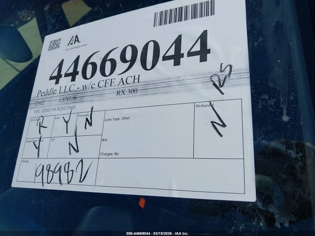 Aukcja sprzedaży 2002 Lexus Rx 300, vin: JTJGF10UX20123603, numer aukcji: 44669044