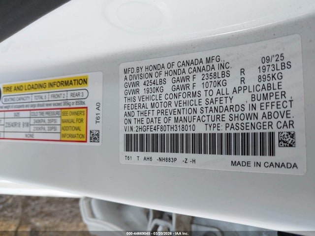 2HGFE4F80TH318010 Honda CIVIC HYBRID