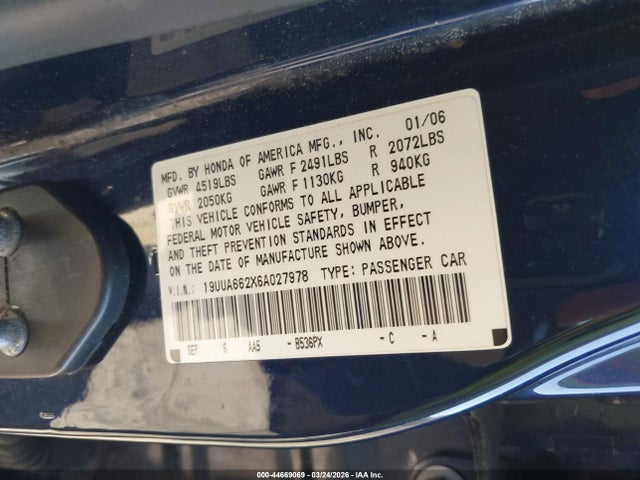 Продаж на аукціоні авто 2006 Acura Tl, vin: 19UUA662X6A027978, номер лоту: 44669069