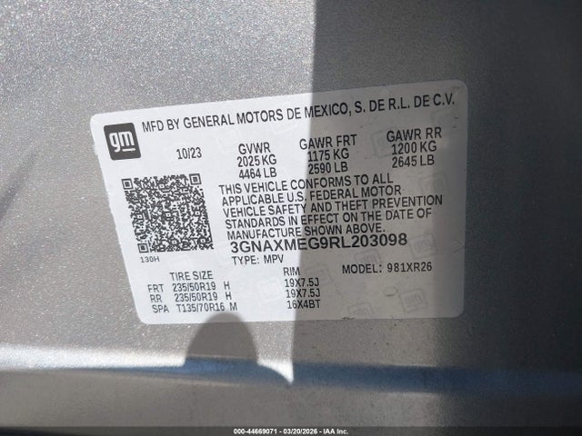 2024 Chevrolet Equinox Fwd Rs მანქანა იყიდება აუქციონზე, vin: 3GNAXMEG9RL203098, აუქციონის ნომერი: 44669071