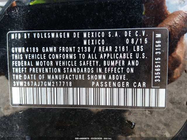 44669078 :رقم المزاد ، 3VW267AJ7GM217718 vin ، 2016 Volkswagen Jetta 1.4t S مزاد بيع