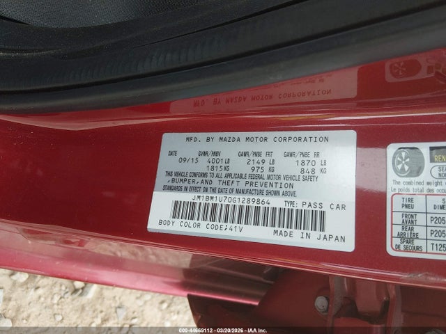 2016 Mazda Mazda3 I Sport მანქანა იყიდება აუქციონზე, vin: JM1BM1U70G1289864, აუქციონის ნომერი: 44669112