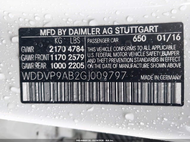 2016 Mercedes-benz B 250e მანქანა იყიდება აუქციონზე, vin: WDDVP9AB2GJ009797, აუქციონის ნომერი: 44669135