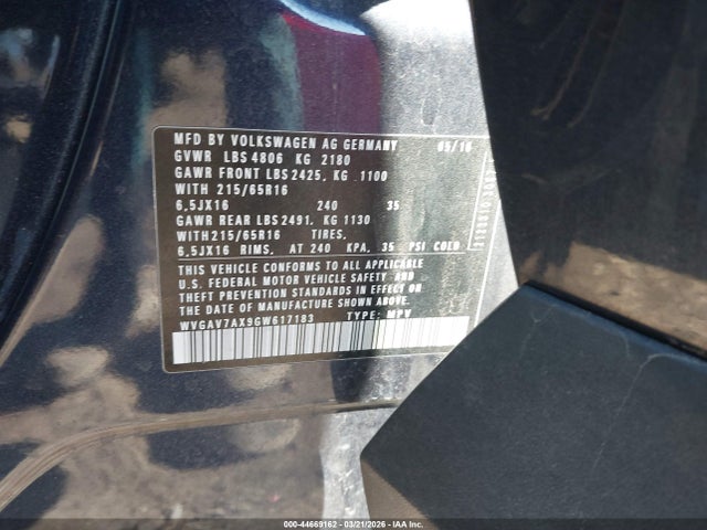 44669162 :رقم المزاد ، WVGAV7AX9GW617183 vin ، 2016 Volkswagen Tiguan S مزاد بيع