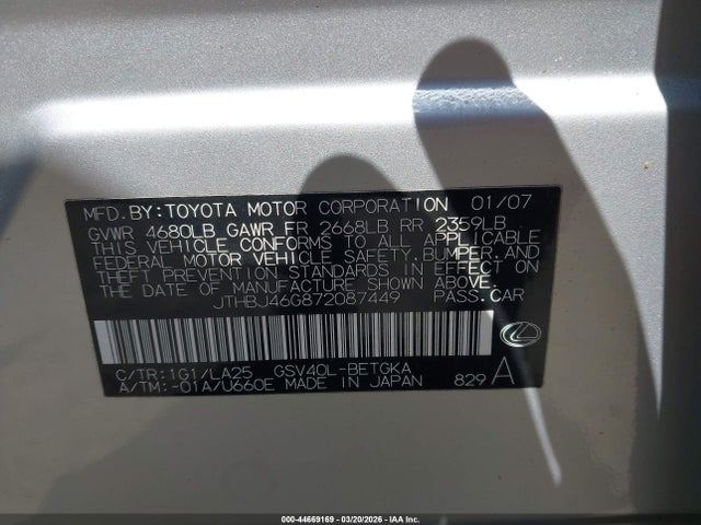 Aukcja sprzedaży 2007 Lexus Es 350, vin: JTHBJ46G872087449, numer aukcji: 44669169