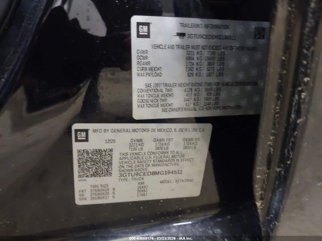 Продаж на аукціоні авто 2021 Gmc Sierra 1500 4wd  Short Box Elevation, vin: 3GTU9CED8MG194511, номер лоту: 44669174