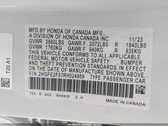 Продажа на аукционе авто 2024 Honda Civic Sport, vin: 2HGFE2F57RH524959, номер лота: 44669175