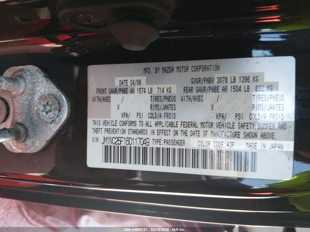 2006 Mazda Mx-5 Sport მანქანა იყიდება აუქციონზე, vin: JM1NC25F160117049, აუქციონის ნომერი: 44669181