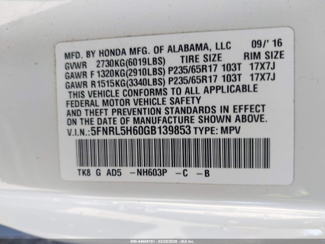 2016 HONDA ODYSSEY 5FNRL5H60GB139853 Photo 8
