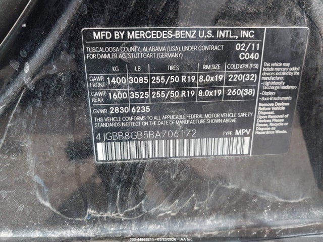 2011 Mercedes-benz Ml 350 4matic მანქანა იყიდება აუქციონზე, vin: 4JGBB8GB5BA706172, აუქციონის ნომერი: 44669211