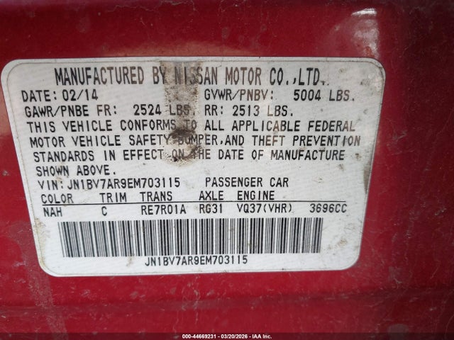 44669231 :رقم المزاد ، JN1BV7AR9EM703115 vin ، 2014 Infiniti Q50 Premium مزاد بيع