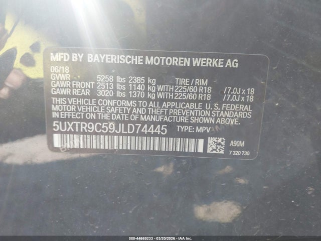 Продаж на аукціоні авто 2018 Bmw X3 Xdrive30i, vin: 5UXTR9C59JLD74445, номер лоту: 44669233