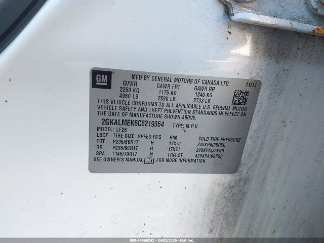 2012 Gmc Terrain Sle-1 მანქანა იყიდება აუქციონზე, vin: 2GKALMEK6C6219364, აუქციონის ნომერი: 44669242