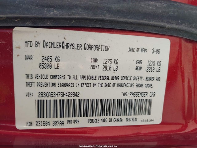 44669267 :رقم المزاد ، 2B3KA53H76H429842 vin ، 2006 Dodge Charger Rt مزاد بيع