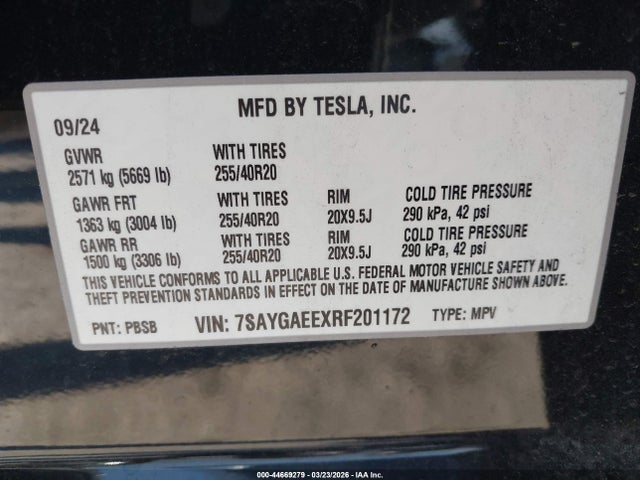 44669279 :رقم المزاد ، 7SAYGAEEXRF201172 vin ، 2024 Tesla Model Y Long Range Dual Motor All-wheel Drive مزاد بيع