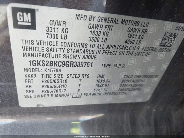 Продажа на аукционе авто 2016 Gmc Yukon Slt, vin: 1GKS2BKC9GR339761, номер лота: 44669292