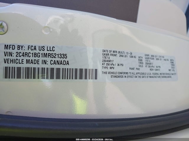 Auction sale of the 2021 Chrysler Pacifica Touring L, vin: 2C4RC1BG1MR521335, lot number: 44669299