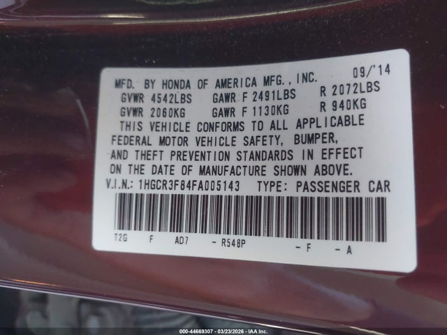 1HGCR3F84FA005143 Honda Accord Ex-l V-6