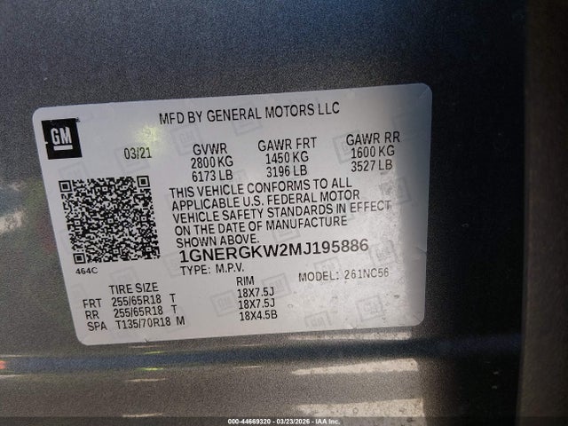 1GNERGKW2MJ195886 Chevrolet Traverse Fwd Lt Cloth