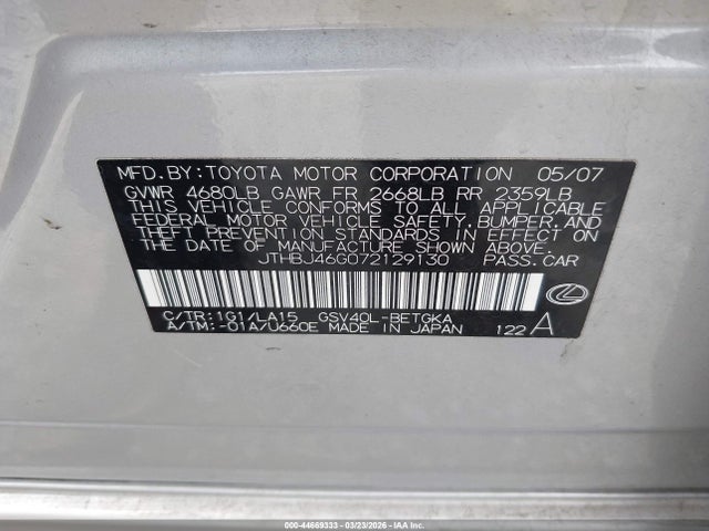 Aukcja sprzedaży 2007 Lexus Es 350, vin: JTHBJ46G072129130, numer aukcji: 44669333