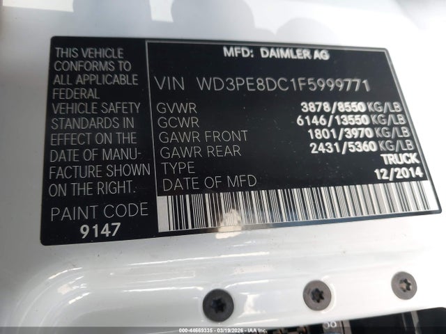 Aukcja sprzedaży 2015 Mercedes-benz Sprinter 2500 High Roof, vin: WD3PE8DC1F5999771, numer aukcji: 44669335