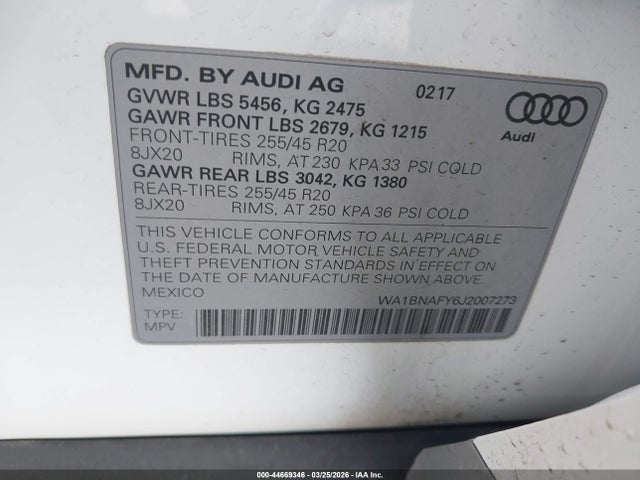 2018 Audi Q5 2.0t Premium/2.0t Tech Premium მანქანა იყიდება აუქციონზე, vin: WA1BNAFY6J2007273, აუქციონის ნომერი: 44669346