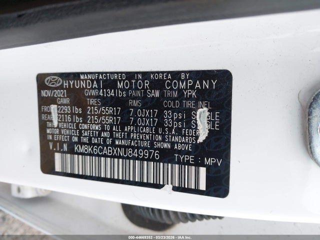 44669352 :رقم المزاد ، KM8K6CABXNU849976 vin ، 2022 Hyundai Kona Sel مزاد بيع
