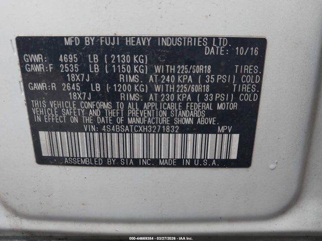 44669384 :رقم المزاد ، 4S4BSATCXH3271832 vin ، 2017 Subaru Outback 2.5i Touring مزاد بيع