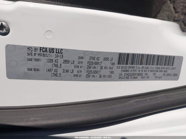 44669389 :رقم المزاد ، 2C4RDGEG5KR786025 vin ، 2019 Dodge Grand Caravan Gt مزاد بيع