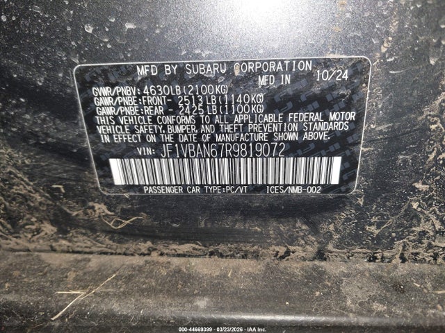 44669399 :رقم المزاد ، JF1VBAN67R9819072 vin ، 2024 Subaru Wrx Limited مزاد بيع