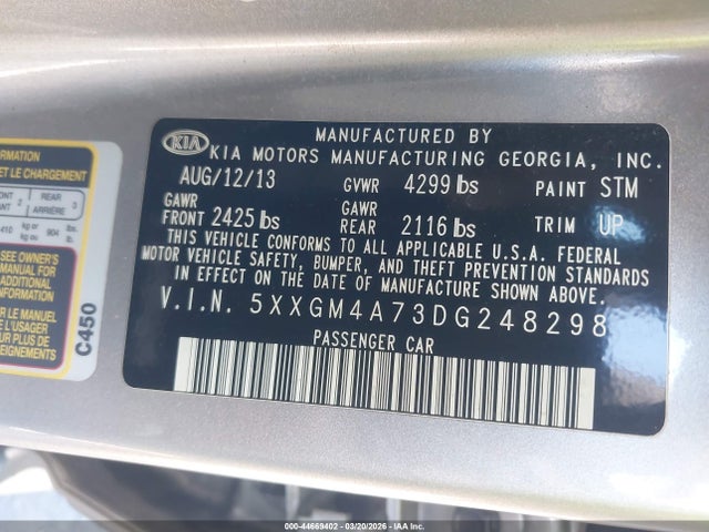 44669402 :رقم المزاد ، 5XXGM4A73DG248298 vin ، 2013 Kia Optima Lx مزاد بيع