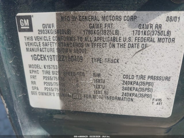 2002 Chevrolet Silverado 1500 Ls მანქანა იყიდება აუქციონზე, vin: 1GCEK19T02Z130409, აუქციონის ნომერი: 44669429