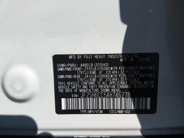 Продажа на аукционе авто 2010 Subaru Forester 2.5x Premium, vin: JF2SH6CC5AH746278, номер лота: 44669431