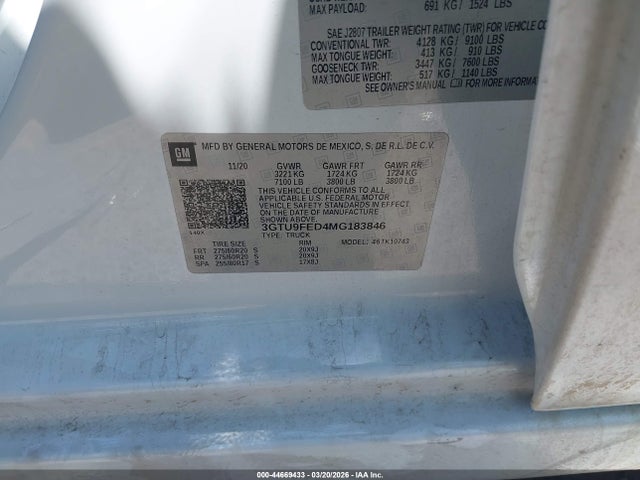 44669433 :رقم المزاد ، 3GTU9FED4MG183846 vin ، 2021 Gmc Sierra 1500 4wd  Standard Box Denali مزاد بيع
