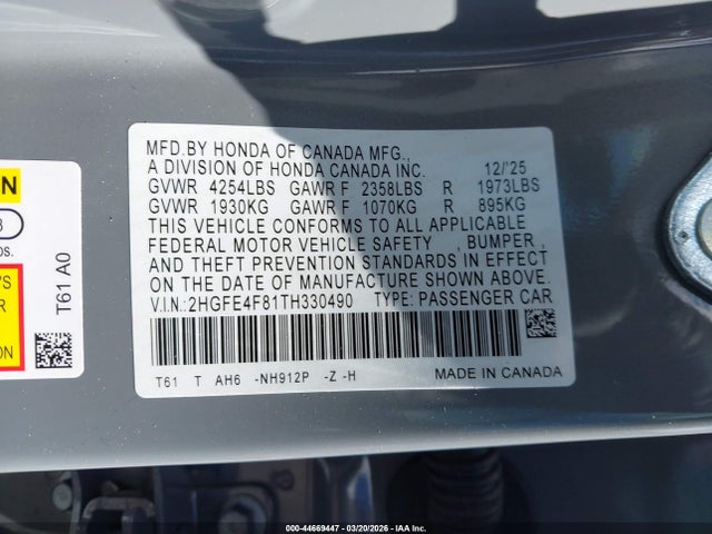 44669447 :رقم المزاد ، 2HGFE4F81TH330490 vin ، 2026 Honda Civic Hybrid Sport/sport Touring مزاد بيع
