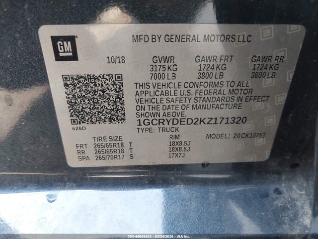 2019 Chevrolet Silverado 1500 Lt მანქანა იყიდება აუქციონზე, vin: 1GCRYDED2KZ171320, აუქციონის ნომერი: 44669452