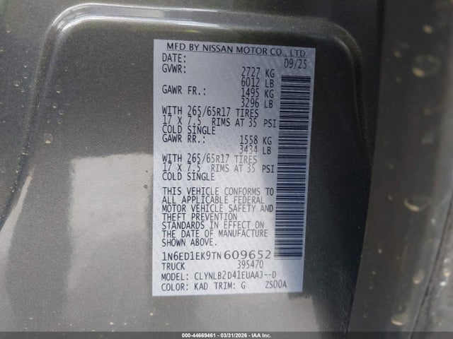 2026 Nissan Frontier Sv 4x4 მანქანა იყიდება აუქციონზე, vin: 1N6ED1EK9TN609652, აუქციონის ნომერი: 44669461