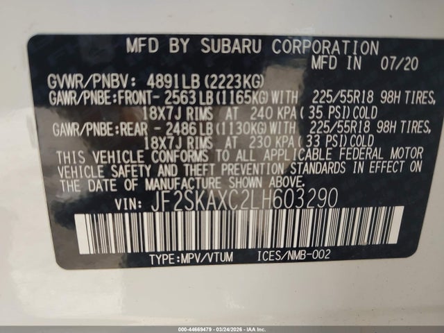 Продажа на аукционе авто 2020 Subaru Forester Touring, vin: JF2SKAXC2LH603290, номер лота: 44669479