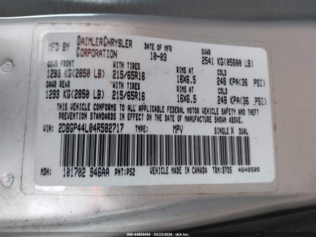 Продажа на аукционе авто 2004 Dodge Grand Caravan Sxt, vin: 2D8GP44L04R582717, номер лота: 44669480