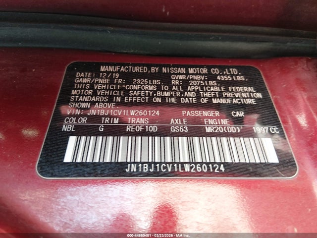 JN1BJ1CV1LW260124 Nissan Rogue Sport S Fwd Xtronic Cvt