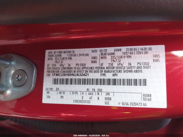 1FMCU9H90NUA32421 Ford ESCAPE SEL