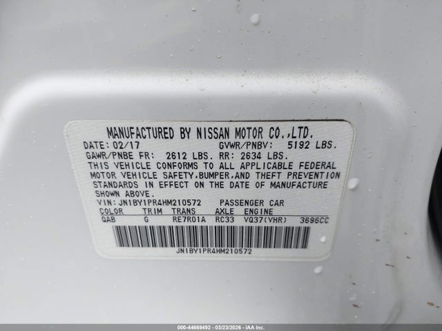 Aukcja sprzedaży 2017 Infiniti Q70l 3.7x, vin: JN1BY1PR4HM210572, numer aukcji: 44669492