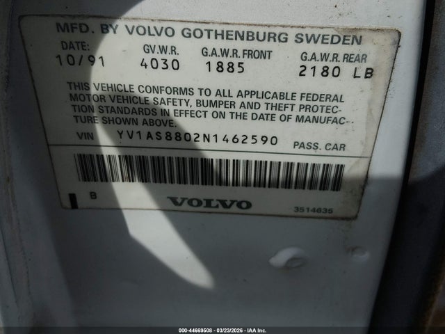 Продажа на аукционе авто 1992 Volvo 240 Gl, vin: YV1AS8802N1462590, номер лота: 44669508