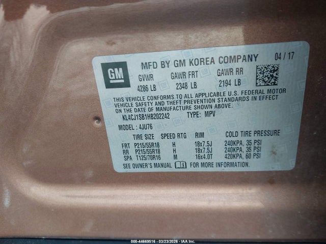 44669516 :رقم المزاد ، KL4CJ1SB1HB202242 vin ، 2017 Buick Encore Sport Touring مزاد بيع