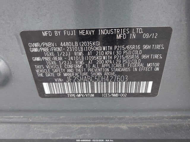 44669549 :رقم المزاد ، JF2SHABC5DH427603 vin ، 2013 Subaru Forester 2.5x مزاد بيع