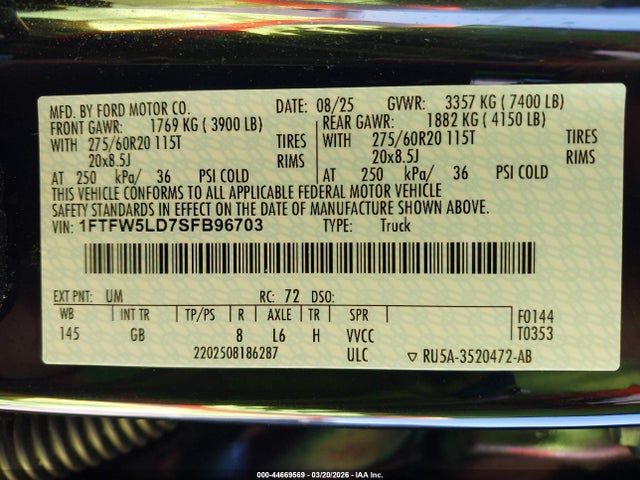 Ford F-150 Lariat 2025 1FTFW5LD7SFB96703 Image 9