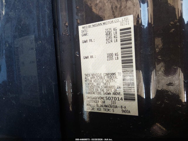 44669573 :رقم المزاد ، 1N4AA6FV0MC507014 vin ، 2021 Nissan Maxima Platinum Xtronic Cvt مزاد بيع