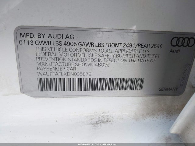 2013 Audi A4 2.0t Premium მანქანა იყიდება აუქციონზე, vin: WAUFFAFLXDN035876, აუქციონის ნომერი: 44669579